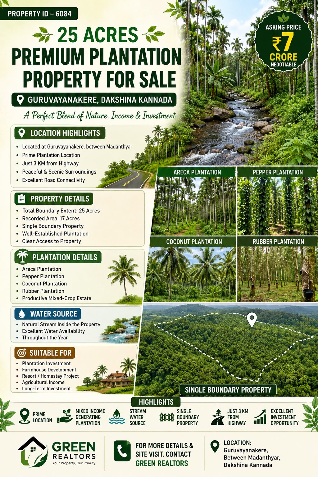 🆔 *PROPERTY ID –6084* 🌴🌿 *25 Acres Premium Plantation Property for Sale – Guruvayanakere, Dakshina Kannada*